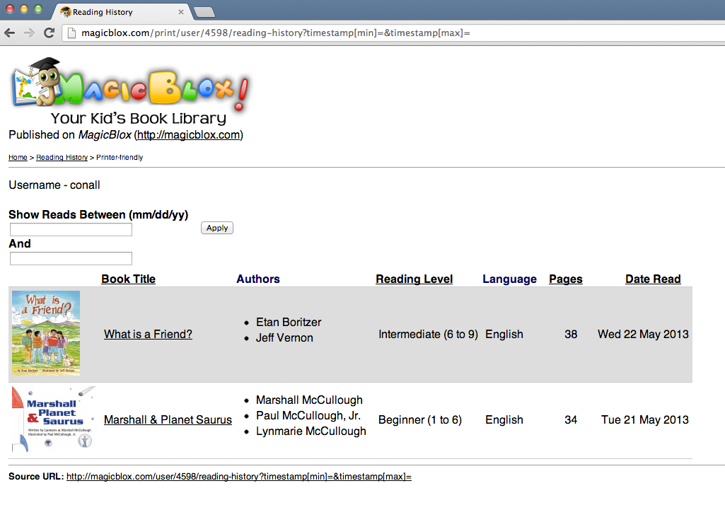 Print Reading History using Printer Friendly Page